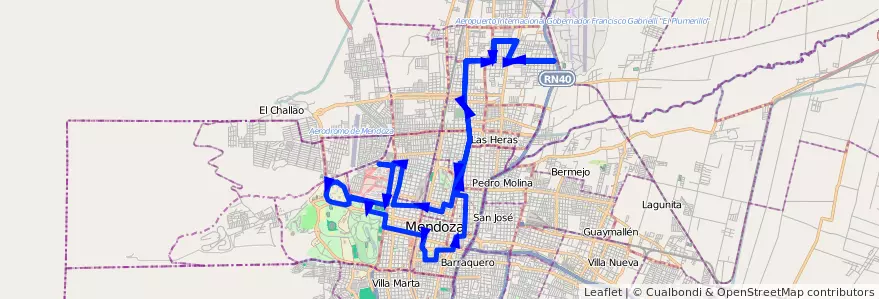 Mapa del recorrido 63 - Independencia - Patricias Mendocinas - Hospital - U.N.C. - Casa de Gob. de la línea G06 en Mendoza.