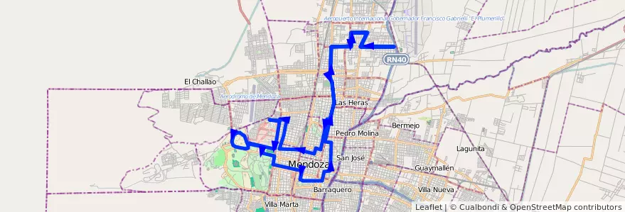 Mapa del recorrido 63 - Independencia - Patricias Mendocinas - Hospital - U.N.C. de la línea G06 en Mendoza.