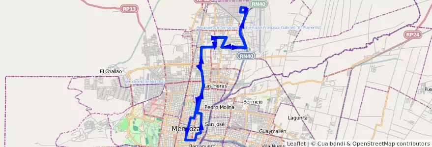 Mapa del recorrido 63 - Independencia - Patricias Mendocinas - Parque Industrial de la línea G06 en メンドーサ州.