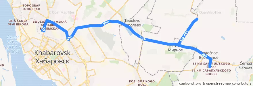 Mapa del recorrido Автобус 105: Автовокзал - Городок 14 км de la línea  en Хабаровский край.