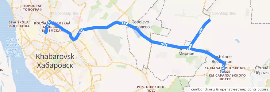 Mapa del recorrido Автобус 105: Городок 14 км - Автовокзал de la línea  en Krai de Khabarovsk.