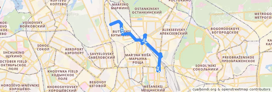 Mapa del recorrido Автобус 239: Рижский вокзал => Метро «Тимирязевская» de la línea  en Северо-Восточный административный округ.