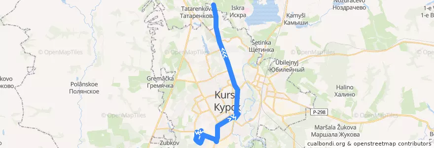 Mapa del recorrido Маршрут автобуса №38: "Областная больница - Посёлок Северный" de la línea  en Kursk.
