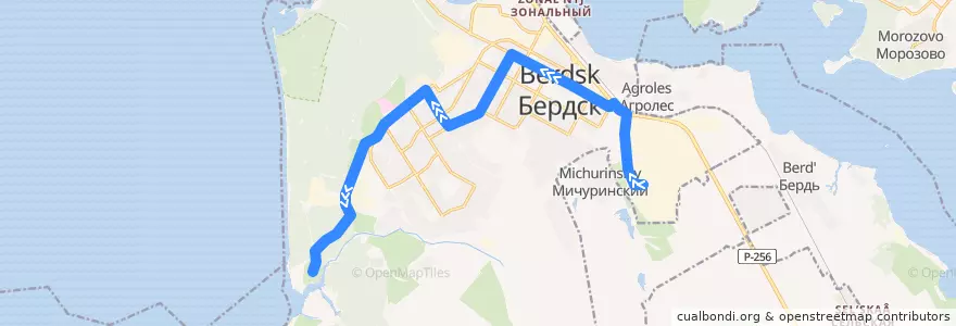 Mapa del recorrido Автобус 5: Химический завод – Зелёная Роща de la línea  en Berdsk municipality.
