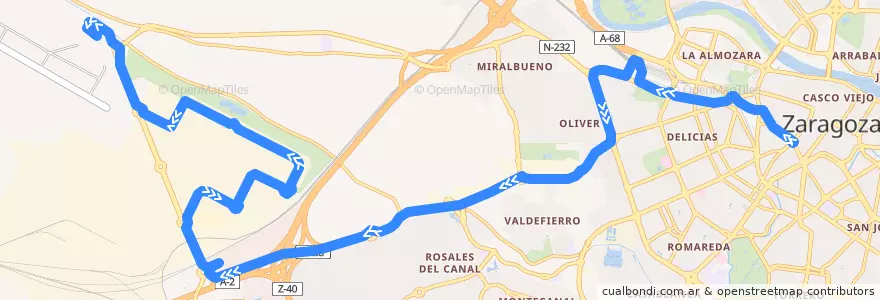 Mapa del recorrido Bus 501: Zaragoza => Aeropuerto de la línea  en Сарагоса.
