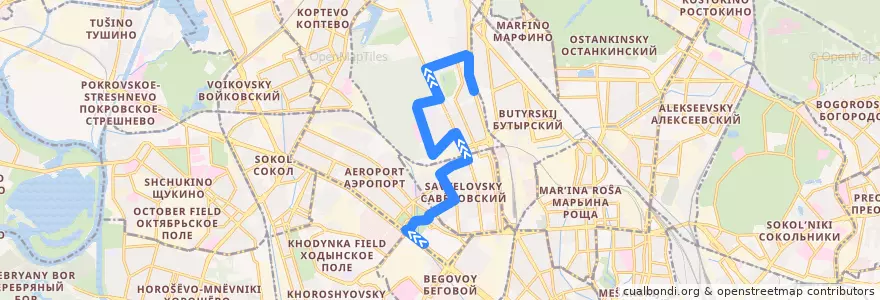 Mapa del recorrido Автобус 319: Метро «Динамо» => Метро «Тимирязевская» de la línea  en Северный административный округ.