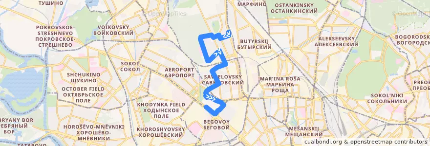 Mapa del recorrido Автобус 319: Метро «Тимирязевская» => Метро «Динамо» de la línea  en Nördlicher Verwaltungsbezirk.