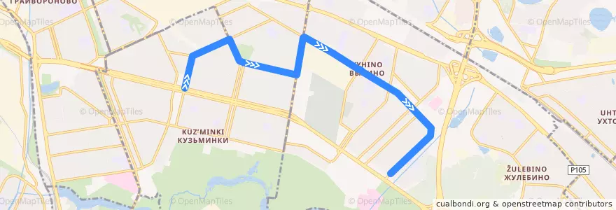 Mapa del recorrido Автобус 115: Метро "Кузьминки" - 138 квартал Выхи de la línea  en South-Eastern Administrative Okrug.
