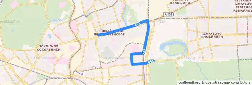 Mapa del recorrido Автобус 372: Метро "Партизанская" - Метро "Преображенская площадь" de la línea  en Eastern Administrative Okrug.
