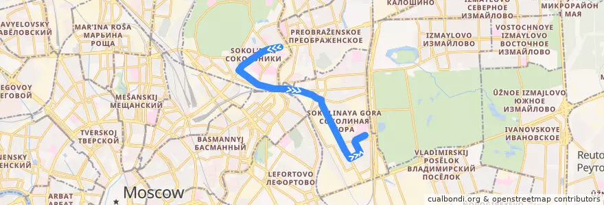 Mapa del recorrido Автобус 332:Трамвайное депо им. Русакова - Сокольники - Больница Соколиной Горы de la línea  en Восточный административный округ.