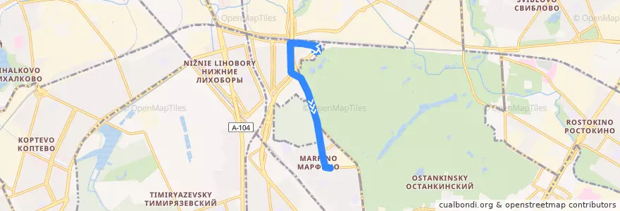 Mapa del recorrido Автобус 76к: Метро «Владыкино» => Большая Марфинская улица de la línea  en Nordöstlicher Verwaltungsbezirk.