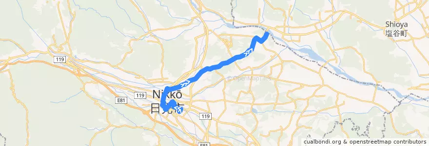 Mapa del recorrido 日光市役所⇒大渡 de la línea  en 日光市.