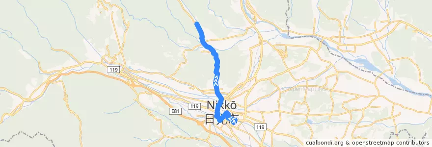 Mapa del recorrido 日光市役所⇒穴沢 de la línea  en 日光市.