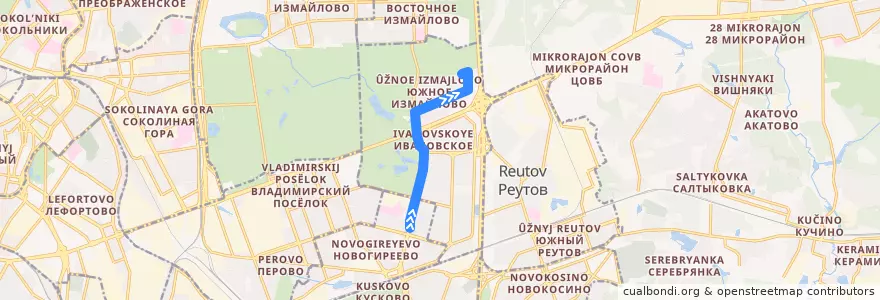 Mapa del recorrido Автобус 505: Метро Новогиреево - Измайлово Южное de la línea  en район Ивановское.