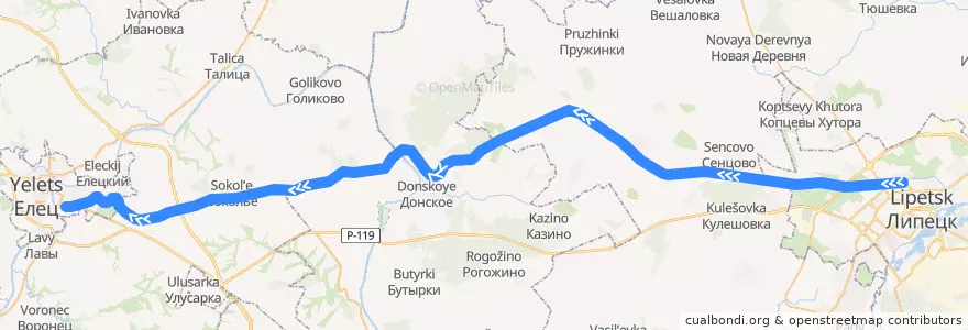 Mapa del recorrido Елец-Липецк de la línea  en Липецкая область.