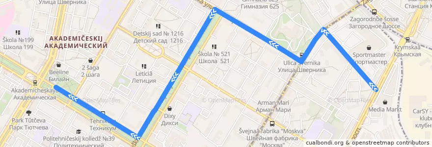 Mapa del recorrido Автобус 315: 5-й загородный проезд - Метро Академическая de la línea  en Akademichesky District.