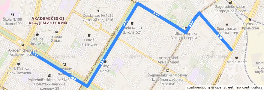 Mapa del recorrido Автобус 315: Метро Академическая - 5-й загородный проезд de la línea  en Академический район.
