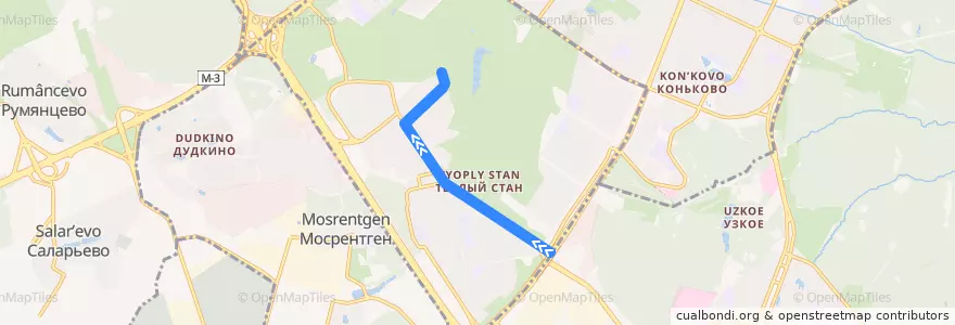 Mapa del recorrido Автобус 388: Метро "Тёплый Стан" - Парк "Тропарёво" de la línea  en район Тёплый Стан.