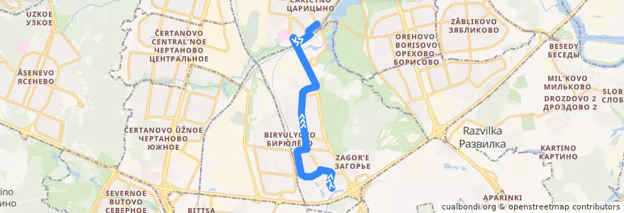 Mapa del recorrido Автобус 389: Загорьевский проезд - Метро "Царицыно" de la línea  en Biryulyovo Vostochnoye District.