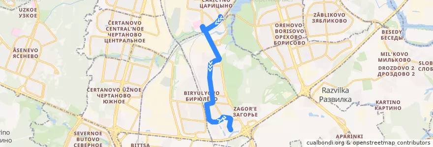 Mapa del recorrido Автобус 389: Метро "Царицыно" - Загорьевский проезд de la línea  en район Бирюлёво Восточное.