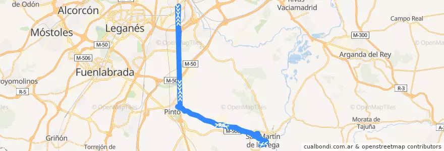 Mapa del recorrido 412 Madrid (Villaverde Bajo - Cruce) - San Martín de la Vega de la línea  en Comunidade de Madrid.
