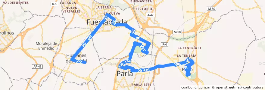 Mapa del recorrido 471: Humanes de Madrid - Fuenlabrada - Parla - Pinto de la línea  en Área metropolitana de Madrid y Corredor del Henares.