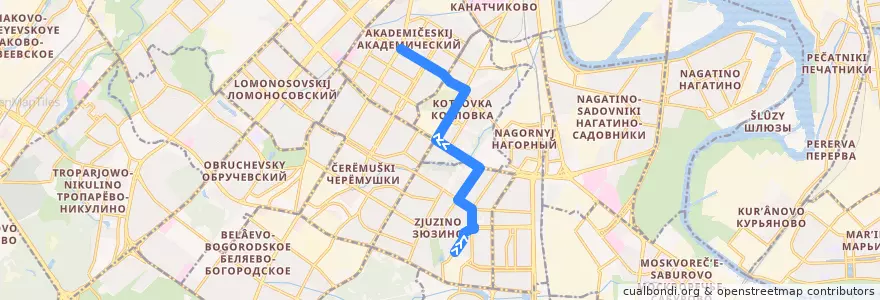 Mapa del recorrido Автобус 218к: Большая Юшуньская улица => Метро "Академическая" de la línea  en Юго-Западный административный округ.