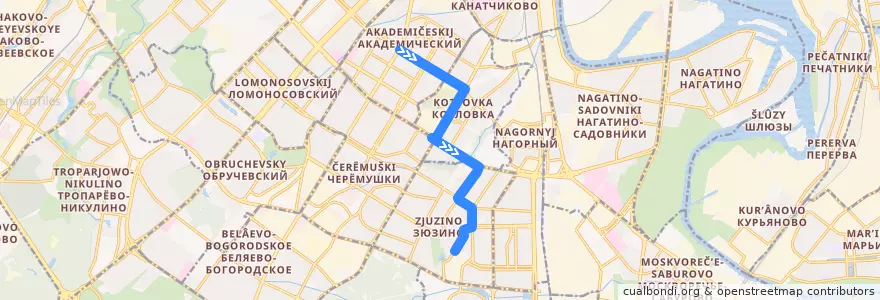 Mapa del recorrido Автобус 218к: Метро "Академическая" => Большая Юшуньская улица de la línea  en Südwestlicher Verwaltungsbezirk.