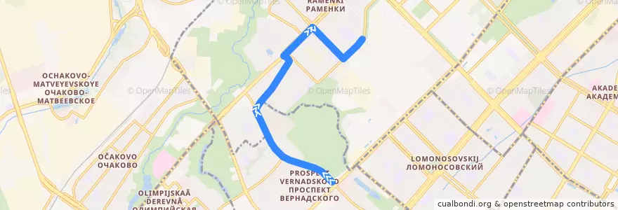 Mapa del recorrido Автобус 494: Метро "Проспект Вернадского" - Шуваловский квартал de la línea  en Западный административный округ.