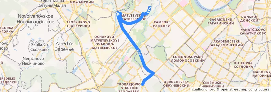 Mapa del recorrido Автобус 519: Матвеевское - Метро "Юго-Западная" de la línea  en Западный административный округ.