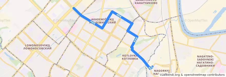 Mapa del recorrido Автобус 529: Метро "Нагорная" - Университетский проспект de la línea  en Юго-Западный административный округ.