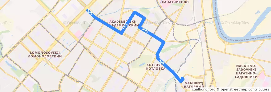Mapa del recorrido Автобус 529: Университетский проспект - Метро "Нагорная" de la línea  en Юго-Западный административный округ.
