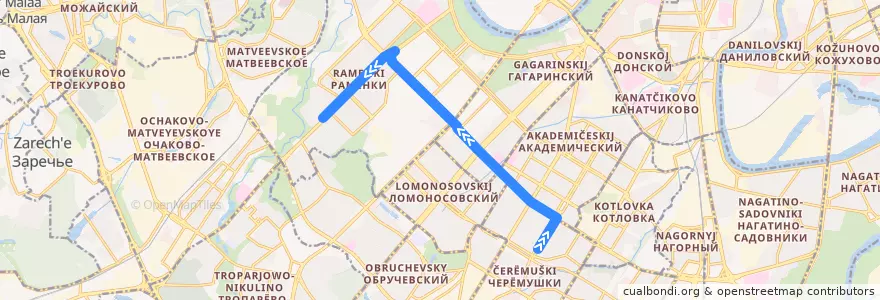 Mapa del recorrido Автобус 845: 23-й квартал Новых Черёмушек – Раменки de la línea  en Moscou.