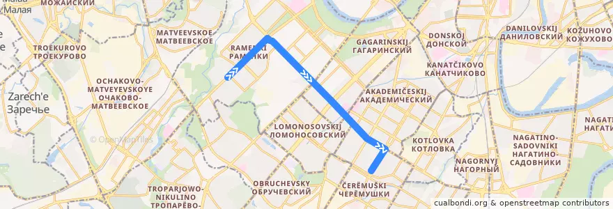 Mapa del recorrido Автобус 845: Раменки - 23-й квартал Новых Черёмушек de la línea  en Москва.