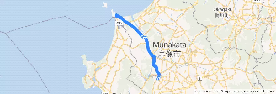 Mapa del recorrido 津屋崎〜鐘崎線 de la línea  en 宗像市.