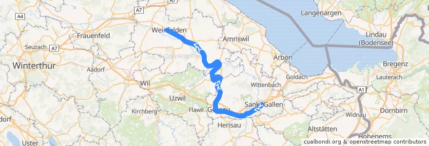 Mapa del recorrido S5: St. Gallen => Weinfelden de la línea  en İsviçre.