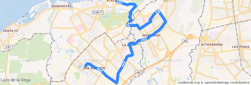 Mapa del recorrido Ruta A91 Playa => Maranao => San Agustín de la línea  en Havanna.