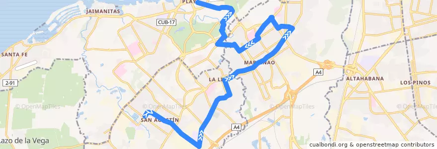 Mapa del recorrido Ruta A91 San Agustín => Maranao => Playa de la línea  en L'Avana.