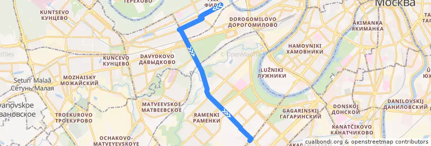 Mapa del recorrido Автобус 470: Метро «Фили» => Метро «Университет» de la línea  en Западный административный округ.
