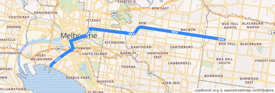 Mapa del recorrido Tram 109: Box Hill Central Shopping Centre => Port Melbourne de la línea  en ولاية فيكتوريا.