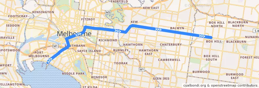 Mapa del recorrido Tram 109: Port Melbourne => Box Hill Central Shopping Centre de la línea  en Victoria.