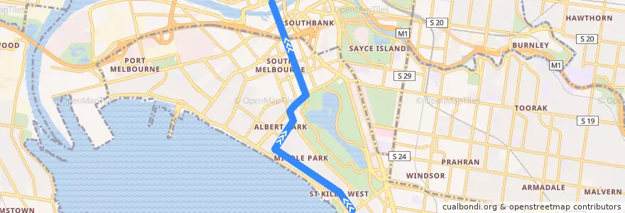 Mapa del recorrido Tram 12d: St Kilda (Park & Fitzroy Streets) => Southbank Depot (Batman Park) de la línea  en City of Port Phillip.