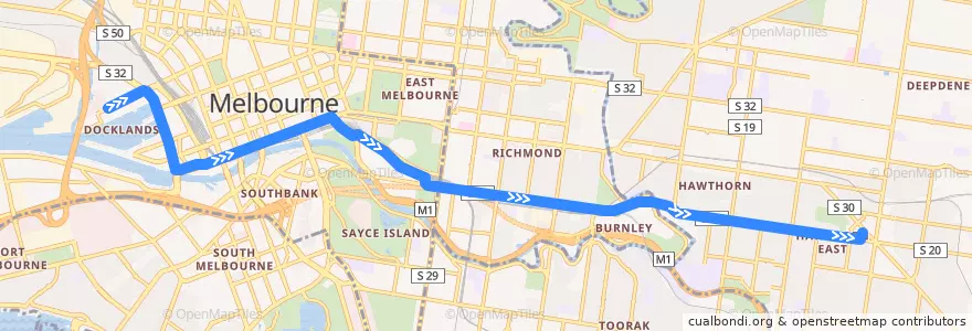 Mapa del recorrido Tram 70d: Waterfront City => Camberwell Depot de la línea  en Victoria.