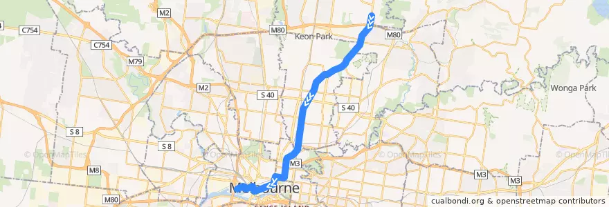 Mapa del recorrido Tram 86: RMIT University Bundoora Campus => Waterfront City de la línea  en ビクトリア.