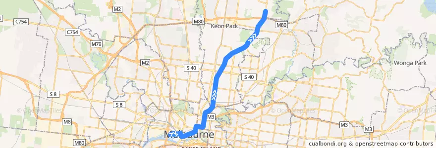 Mapa del recorrido Tram 86: Waterfront City => RMIT University Bundoora Campus de la línea  en ビクトリア.