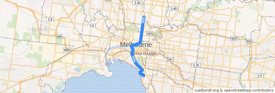 Mapa del recorrido Tram 96: East Brunswick => St Kilda Beach de la línea  en Victoria.