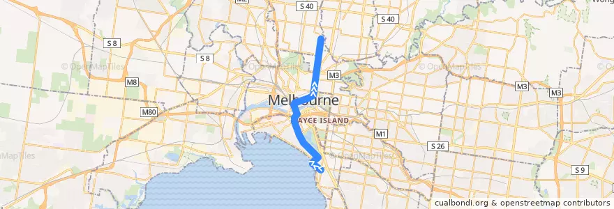 Mapa del recorrido Tram 96: St Kilda Beach => East Brunswick de la línea  en Victoria.
