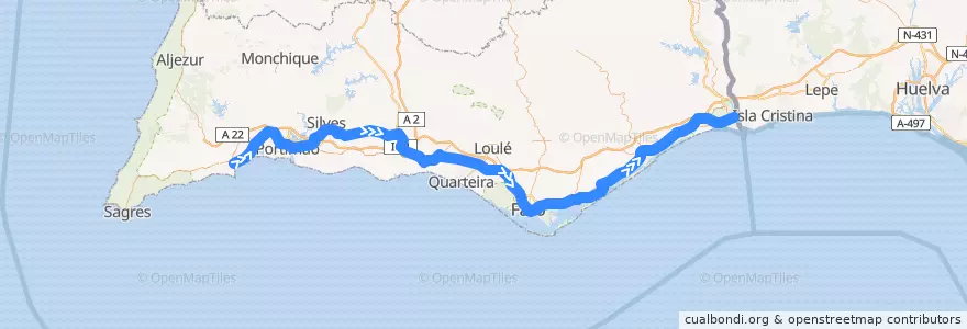 Mapa del recorrido R Lagos – Vila Real de Santo António de la línea  en Algarve.