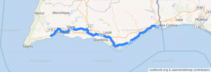 Mapa del recorrido R Vila Real de Santo António – Lagos de la línea  en Algarve.