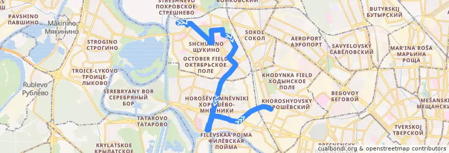 Mapa del recorrido Автобус №800: Щукино => Метро «Полежаевская» de la línea  en Nordwestlicher Verwaltungsbezirk.